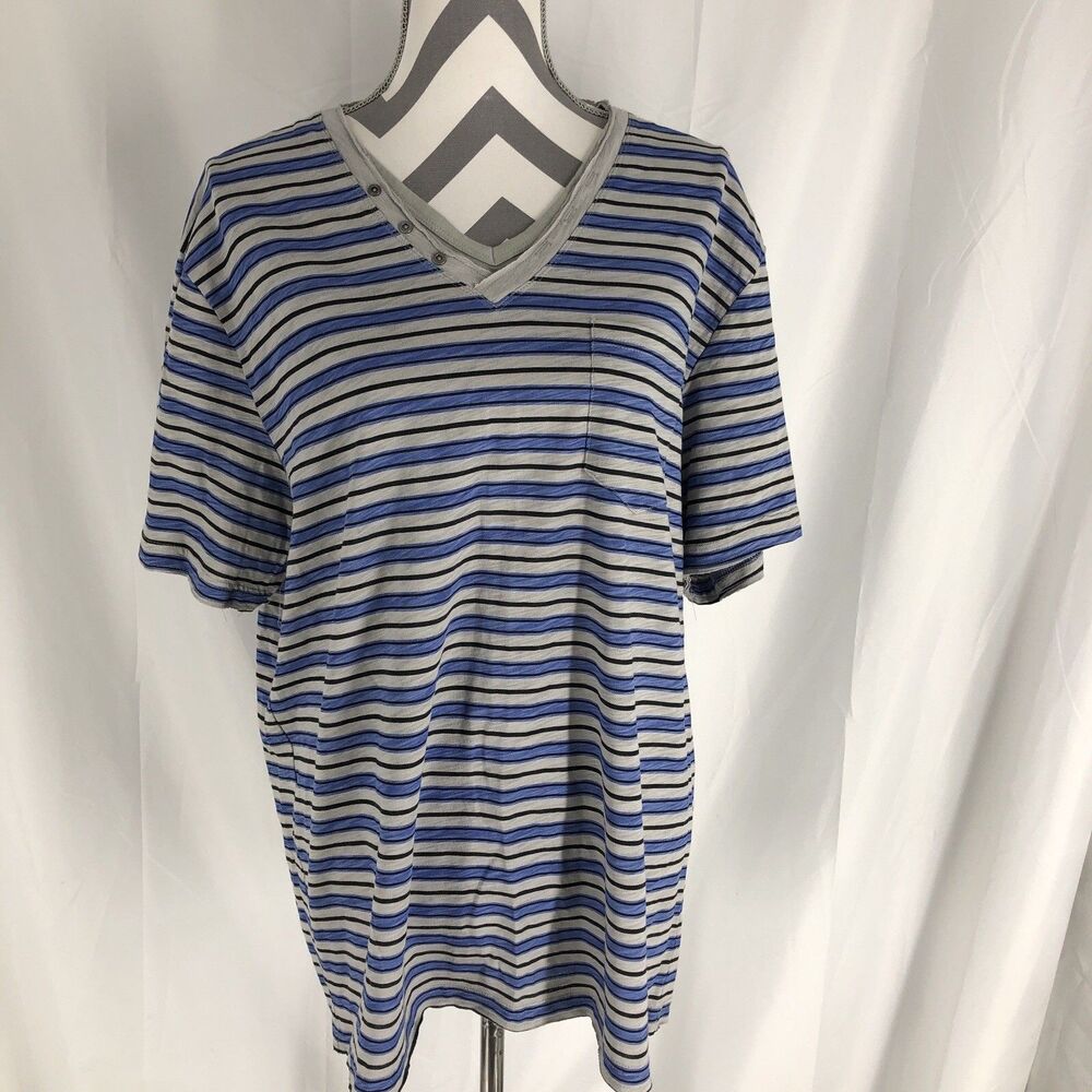 INC International Concepts Shirt Womens XL Short Sleeve V Neck Striped Blue